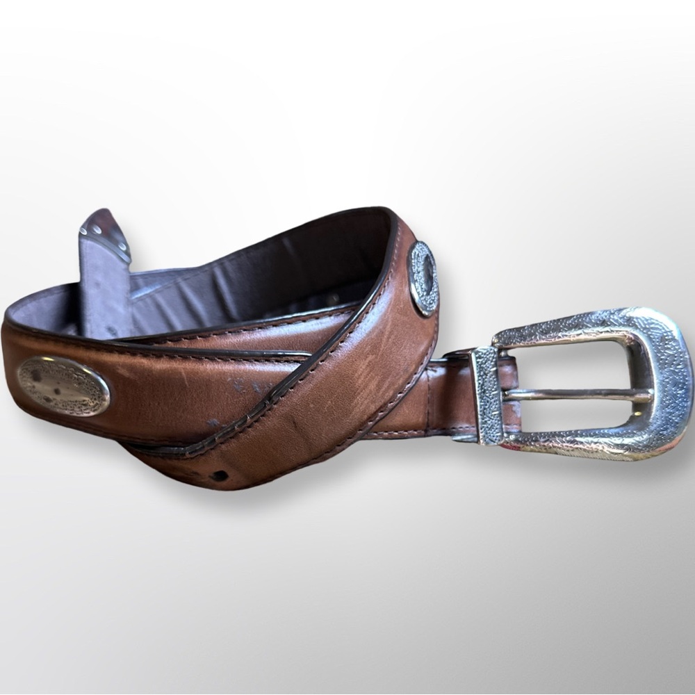 Stylish Brown Leather Belt with Silver Accents